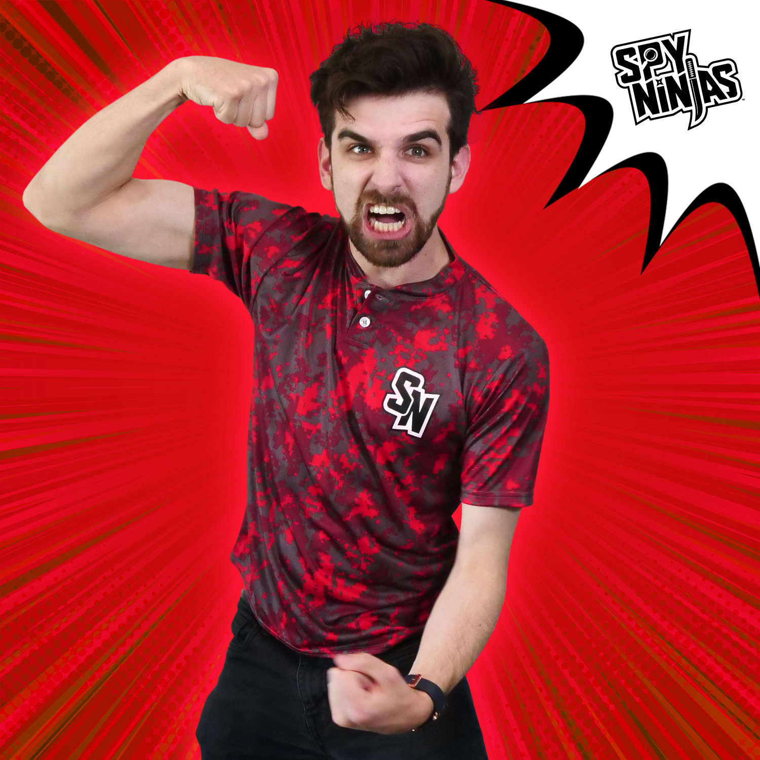 *Left Chest Spy Ninjas* Youth Camo Henley Tech Short Sleeve Tee - Red/Grey Garment